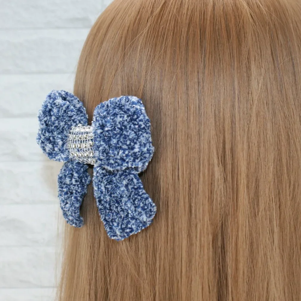 HAND CRAFTED Hair Bow Kids Crochet Chenille Velvet Hair Barrette Oversized Blue